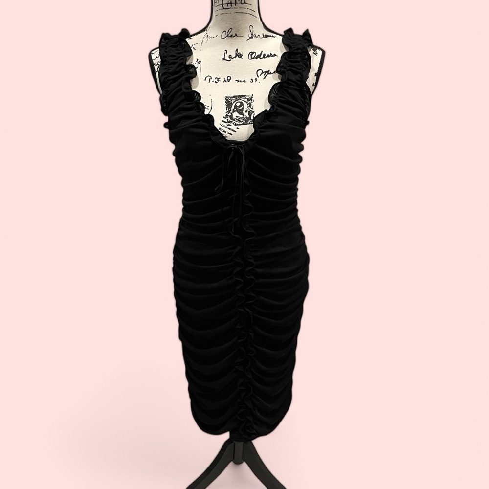 Sexy Y2K Kay Unger corset tie front ruffle ruched mini dress coquette deep-v